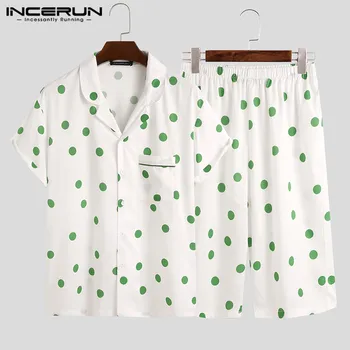 INCERUN Vīriešiem Polka Dot Drukāt Pidžamas Komplekti Īsām Piedurknēm Sleepwear Homewear Šorti Vasaras Mājīgu Atpūtas Vīriešiem Naktsveļu Komplekti Plus Lieluma