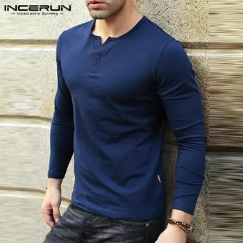 INCERUN Vīriešu T Krekls ar garām Piedurknēm Fitnesa vienkrāsainu V Kakla Ir 2021. Streetwear Gadījuma Pamata T-krekli Rudens Mājīgu Camiseta Masculina