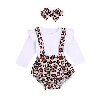 Infant Baby Girl Apģērbu Rudenī Tērpiem Gudrs Zeķu garām Piedurknēm Pogas Leopard Savirmot Romper + Galvas 2gab Apģērbu Komplekts