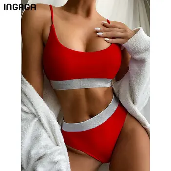 INGAGA Augsta Vidukļa Peldkostīmi Bikini Sieviešu Peldkostīmi Push Up Biquini Spīdīgu Līmēšana Bikini Augstas Samazināt Peldvietu Tērpi Ir 2021. Jaunas