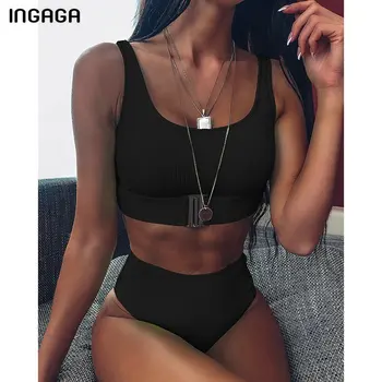INGAGA ir 2021. Augsto Vidukli, Bikini, Peldkostīmi, Sieviešu Lenta Push Up Peldkostīms Feamle Sprādzes Bikini Komplekts Melnā Pludmali, Valkāt peldkostīms
