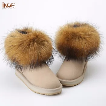 INOE Meitenes Fox kažokādas Īss Potītes Ziemas Zamšādas Shearling sniega zābaki, sieviešu īstas aitādas ādas, Vilnu, kažokādas apdari ziemas kurpes