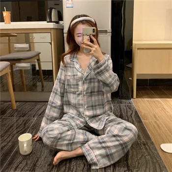 Ins pyjama sieviešu korejas vintage pidžamu sieviešu ikdienas pleds sleepwear kopa ar garām piedurknēm, garās mājas tērps jaunu sieviešu pijamas