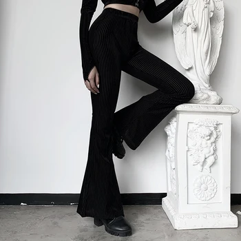 InsDoit Gothic Apģērbu Vintage Bikses Sievietēm Melnā Svītrainām Garajām Biksēm Streetwear Pavasara Harajuku Estētisko Augstās Jostasvietas Bikses Uzliesmojums