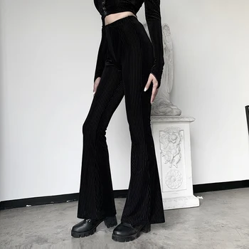 InsDoit Gothic Apģērbu Vintage Bikses Sievietēm Melnā Svītrainām Garajām Biksēm Streetwear Pavasara Harajuku Estētisko Augstās Jostasvietas Bikses Uzliesmojums