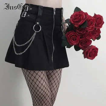 InsGirl Goth, Punk Tumši Melni Svārki Sievietēm Seksīgu Augsta Vidukļa Rāvējslēdzēju ar Ķēdi-line Mini Svārki Streetwear Gadījuma Y2k E-meitene Svārki
