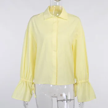 InstaHot laternu piedurknēm sieviešu krekls, blūze elegants kokvilnas dzeltena balti krekli sieviešu vintage topi 2020 rudens modes blūze