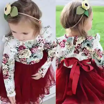 Ir 2021. 12M-5T Princese Baby Toddler Meitenes Kleita Savirmot Plecu Ziedu Drukāt garām Piedurknēm Sarkana Tilla Loku Tutu Kleita Puse Apģērbs