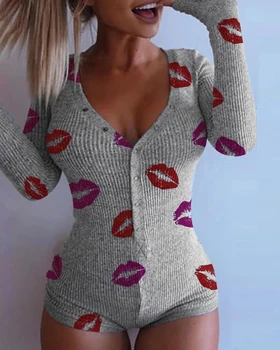 Ir 2021. Gada Rudenī Jaunā Sieviešu Trikotāžas Romper Homewear Gudrs, Dziļi V-Veida Kakla Garām Piedurknēm Pidžamas Sieviešu Star Modelis Pogu Jumpsuit