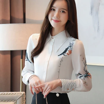 Ir 2021. Jaunās Pavasara Modes Šifona Drukāt Sieviešu Blūze Ar Garām Piedurknēm Dāmas Baltā Korejas Krekls Topi, Sieviešu Pogu Augstas Kvalitātes Blusas