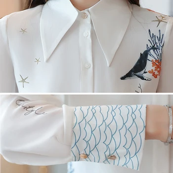 Ir 2021. Jaunās Pavasara Modes Šifona Drukāt Sieviešu Blūze Ar Garām Piedurknēm Dāmas Baltā Korejas Krekls Topi, Sieviešu Pogu Augstas Kvalitātes Blusas