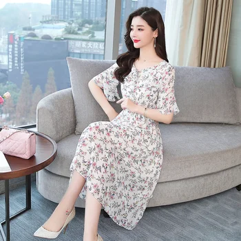 Ir 2021. Korejas Vintage Boho Vasaras Kleitas Plus Lieluma Ziedu Šifona Sundress Elegants Sieviešu Pludmales Midi Bodycon Īsām Piedurknēm Vestidos