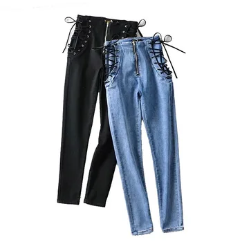 Ir 2021. Mežģīnes Up Augsta Vidukļa Sievietēm, Jeans Ielas Modes Fitnesa Bikses Vintage Bikses Sieviete Tērpiem Denim Sieviešu Slim gadījuma džinsi