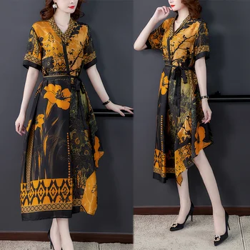 Ir 2021. Modes Vintage Boho Ziedu Zīda Midi Kleita Vasaras 4XL Plus Size Print Skrejceļa Kleitas Elegants Sieviešu Bodycon Puse Vestidos