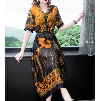 Ir 2021. Modes Vintage Boho Ziedu Zīda Midi Kleita Vasaras 4XL Plus Size Print Skrejceļa Kleitas Elegants Sieviešu Bodycon Puse Vestidos