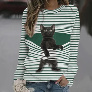 Ir 2021. Pavasara Svītrains Kaķis Drukāt Gadījuma Sieviešu T-Krekls Sieviešu Lielajam Pulovers Apaļu Kakla Garām Piedurknēm Topi Brīvs