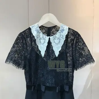 Ir 2021. Pavasarī Jaunas Ielidošanas Sieviešu Augstākās Kvalitātes Dizainera Apģērbu, Kontrastu, Baltās Krāsas Apkakli, Īsām Piedurknēm, Vilnas Mežģīņu Vintage Black Kleitas