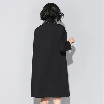 Ir 2021. Pavasarī Pavasarī Black Vintage Plus Lieluma Kleitu Sieviešu Apģērbu Midi Kabatas Augstu Uzrullētu Apkakli Zaudēt Gadījuma Elegants Vestidos Kleitas