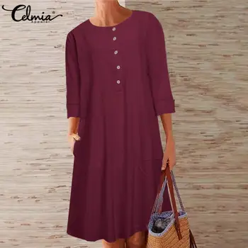 Ir 2021. Rudens Sieviešu Krekls, Kleita Celmia Modes Garām Piedurknēm Vintage Cietā Vestidos Gadījuma Pogu Vintage Veļa Kokvilnas Mini Sundress