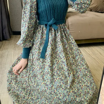Ir 2021. Sieviešu Cottagecore Kleita Vintage Korejas Velveta Ziedu Sieviete Kleitas Augsta Vidukļa Izšūšanas Apsēju, Trikotāžas Apģērbs Slim Ķermeņa