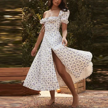 Ir 2021. Sieviešu Modes Puff Piedurknēm Ziedu Mežģīnes Up Augstu Šķēlumu Gara Kleita Vintage Dāmas Cottagecore Drukāt Bd Maxi Kleita