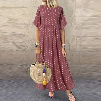 Ir 2021. Sieviešu Sundress Vintage O-Veida Kakla Sen Maxi Kleita Sieviešu Ikdienas Dot Pinted Vasaras Kleita Beach Boho Kleitas Vestidos Drēbes