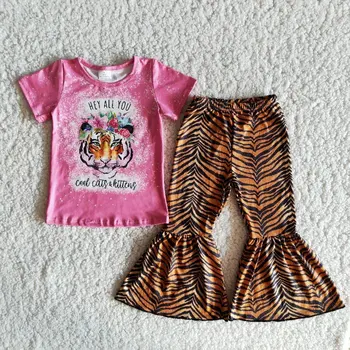 Ir 2021. Vairumtirdzniecības Baby Girl Apģērbu Rožu Sarkana Kaklasaite Krāsošanas Īsām Piedurknēm Krekls Tiger Leopard Bell dibenu Bikses Bērniem, Komplekti Bērniem Apģērbs