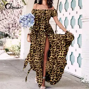 Ir 2021. Vasaras Bohēmietis Dress Celmia Sieviešu Ruffles Maxi Sundress Sexy Pie Pleca Leopard Print Pogas Puse Pludmali Vestidos Drēbes