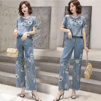 Ir 2021. vasaras Džinsa Divas Gabals sieviešu modes ziedu iespiesti džinsa topi+ziedu drukas uzvalki, džinsi, brīvā sieviete 2 gabals komplekti