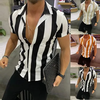 Ir 2021. Vasaras Modes Svītrainām Krekls Vīriešu Plus Izmērs 3XL Apģērbu Uzdrukāts Līmēšana Krāsains Īsām Piedurknēm Gadījuma Pogas, Brīvs Krekls