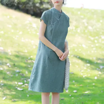 Ir 2021. vasaras vintage tradicionālā ķīniešu sievietes sexy kleita Kokvilnas veļa qipao dāma mandarīnu apkakles cheongsam V980