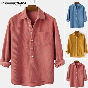 Ir 2021. Vīriešiem Gadījuma Velveta Krekls ar garām Piedurknēm Pogas tīrtoņa Krāsu Atloks Vintage Atpūtas Krekli Vīriešu Streetwear Camisas S-3XL INCERUN