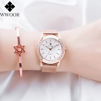 Ir 2021. WWOOR Modes Dāmas Skatīties Top Zīmola Luksusa Sieta Joslu Sieviešu Rokas pulksteni Diamond Ūdensizturīgs, Tērauda Kvarca Pulksteņi Reloj Mujer