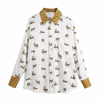 Ir 2021. ZA Dzīvnieku Print Retro Sieviešu Krekls ar garām Piedurknēm Zaudēt Nelegālo Top Sieviešu Modes Priekšējā Pogu Uzstādīti Balti Krekli