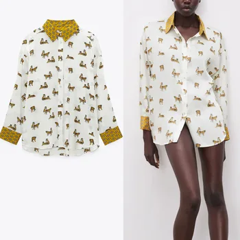 Ir 2021. ZA Dzīvnieku Print Retro Sieviešu Krekls ar garām Piedurknēm Zaudēt Nelegālo Top Sieviešu Modes Priekšējā Pogu Uzstādīti Balti Krekli