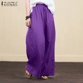 Ir 2021. ZANZEA Vintage Plaša Kāju Bikses Sieviešu Ikdienas Bikses ar Augstu Vidukli Ilgi Pantalon Palazzo Sieviešu Cietā Rāceņu Plus Izmēra 5XL
