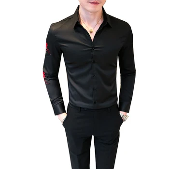 Izšuvumi Gadījuma Garām Piedurknēm Kungi Krekli Sociālo Blūzes Korejas Krekls Vīriešu Modes 2020. Gada Rudenī Jauna Pieguļoša Kleita Vīriešu Krekls