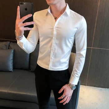 Izšuvumi Gadījuma Garām Piedurknēm Kungi Krekli Sociālo Blūzes Korejas Krekls Vīriešu Modes 2020. Gada Rudenī Jauna Pieguļoša Kleita Vīriešu Krekls