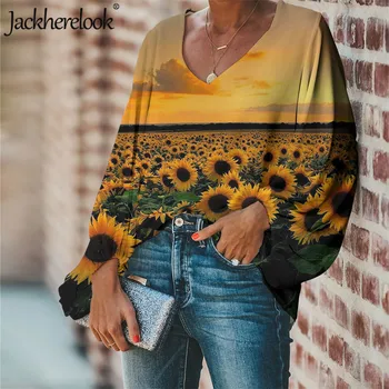 Jackherelook Vasaras Šifona Blūzes Sieviešu Plus Lieluma Galotnēm Krekli Saulespuķu Modelis Harajuku Krekli Dāmu Apģērbu Blusas Mujer