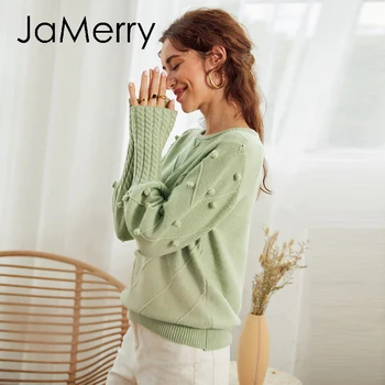 JaMerry Eleganta kažokādas pompon džemperis Rudens ziemas laterna piedurknēm adīts džemperis sieviešu Streetwear dāmas zaļo džemperi 2020