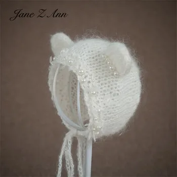 Jane Z Ann Jaundzimušo bērnu balts mohēra lāča ausīs pērļu cepure studio šaušanas piederumi photography prop klp