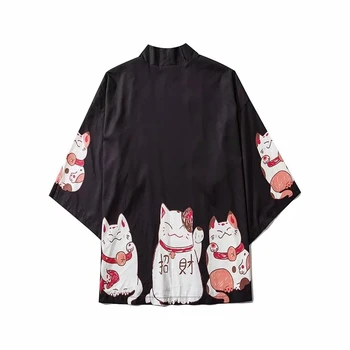 Japānas Stila Apģērbs, Vīriešiem Vasarā Streetwear Kaķis Drukāt Kimono Jaka Mandarīnu Drēbes, Vīriešu Unisex Japāņu Tendence Kimonos