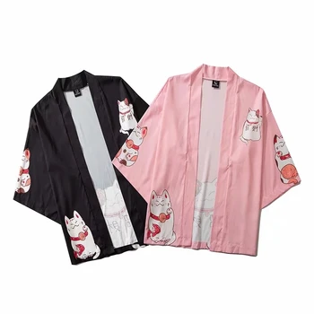 Japānas Stila Apģērbs, Vīriešiem Vasarā Streetwear Kaķis Drukāt Kimono Jaka Mandarīnu Drēbes, Vīriešu Unisex Japāņu Tendence Kimonos
