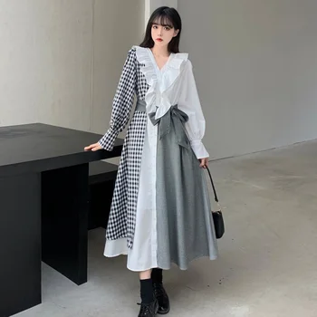Japānas Stila Kleita Pavasarī, Rudenī Jaunu korejiešu Modes Temperaments Hipster Zaudēt Karstā Pārdošanas Atšķirībā Līmēšana Lielajam Savirmot V-veida kakla