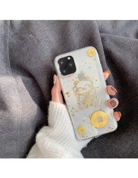 Japāņu kawaii Zelta Kaķis mākslas Telefonu Gadījumā, iPhone, Apple 12 11 Pro Max XR XS Max X 7 8 Plus 12 mini 7Plus gadījumā Cute Mīksto segumu