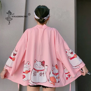 Japāņu Laimīgs Kaķis Drukāt Kimono Jaka Sieviešu Brīvs Krekls Topi Beach Gadījuma Mētelis Yukata Sieviešu Kimonos Cosplay Āzijas Clothings