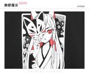 Japāņu Lolita Vintage Harajuku Anime Fox Drukāt Mežģīnes-up garām Piedurknēm pelēkā vārna Krekli Tumšs Meitene Punk Ielas sporta Krekls Topi