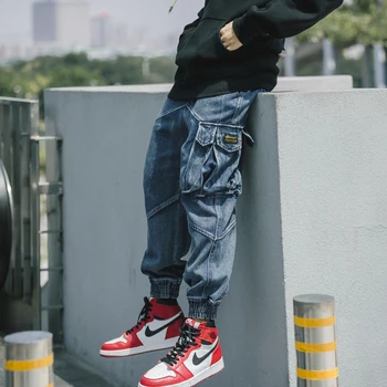 Japāņu Modes Vīriešu Džinsi Loose Fit Melna Pelēka Lielas Kabatas Kravas Bikses Vintage Dizainers Streetwear Hip Hop Džinsi Vīriešu Joggers