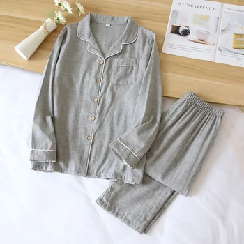Japāņu pavasarī un rudenī jaunais pāris kokvilnas pidžamu, garām piedurknēm bikses, vīriešu mājas pakalpojumu, vienkāršu krāsu vērpšanai sievietēm