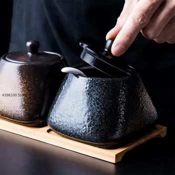 Japāņu retro stila garšvielu trauciņu komplekts mājsaimniecības garšvielas lodziņā salt shaker, cukura trauks virtuves uzglabāšanas tvertnes garšvielas pudele